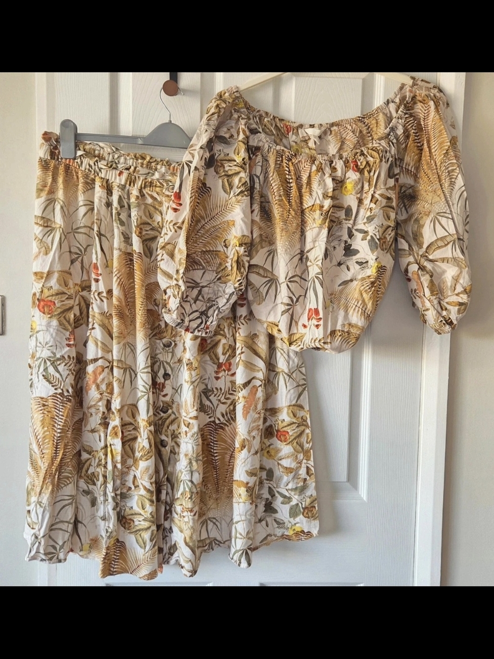H&M Floral Two-Piece Off-Shoulder Set in Cream, Mustard & Olive
